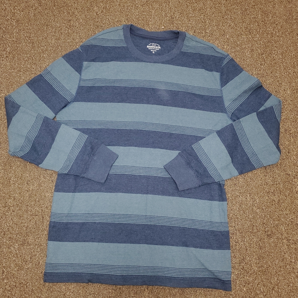 Roebuck Co Mens Thermal Sweater XL Blue Green Striped Long Sleeve Pullover